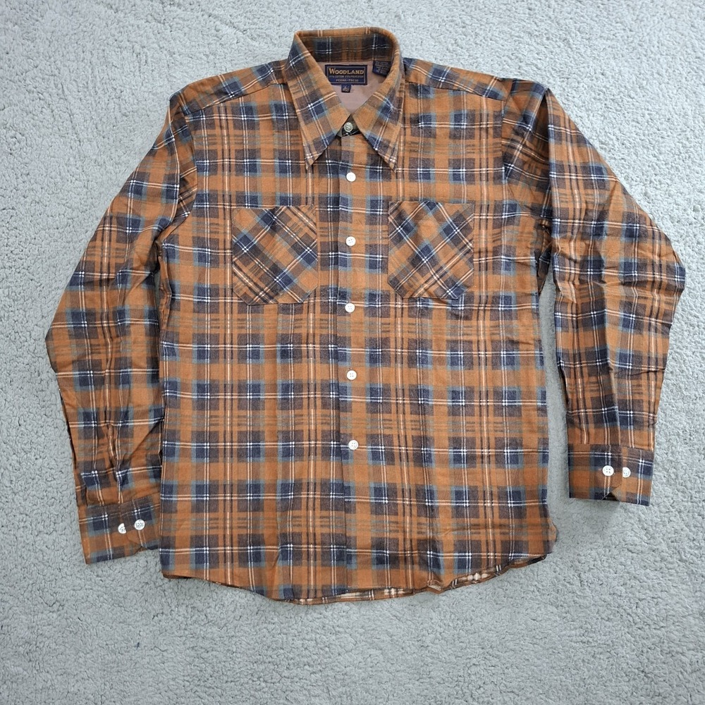 Vintage Woodland Mens Shirt Size Large Flannel Perma Press Brown Plaid Cabincore
